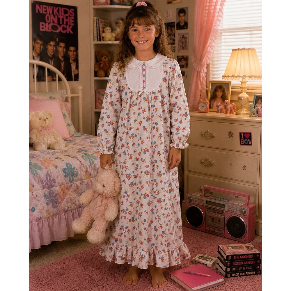 VTG 80s Girls Floral Flannel Sz 8 ? Nightgown Peter Pan Collar Lace Ruffle JJ28
